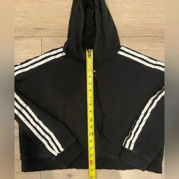Adidas Women’s 100% Cotton Cropped Drawstring Hoodie Black White Stripes S‎ EUC - Picture 3 of 9